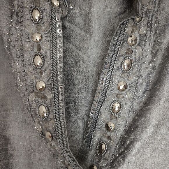 Vintage Neiman Marcus Silver Top Pullover V Neck Silk LS Beaded M - Picture 5 of 10